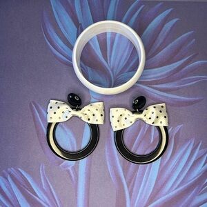 Hoop Pierced Earrings Black with Polka Dot Bow and White bracelet, Plastic